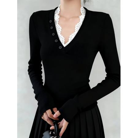 FA48176# 绝美巨好看的蕾丝拼接V领长袖T恤女早秋chic别致上衣 服裝批發女裝批發服飾貨源