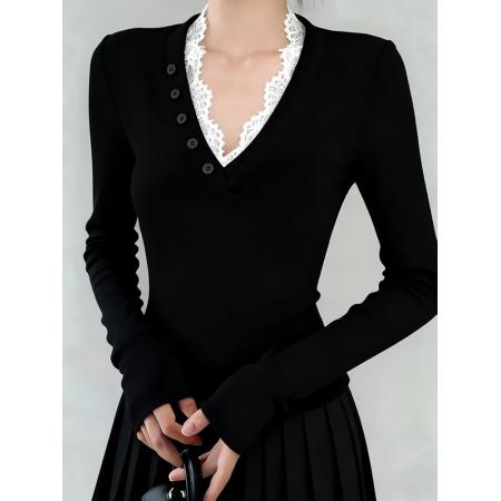 FA48176# 绝美巨好看的蕾丝拼接V领长袖T恤女早秋chic别致上衣 服裝批發女裝批發服飾貨源