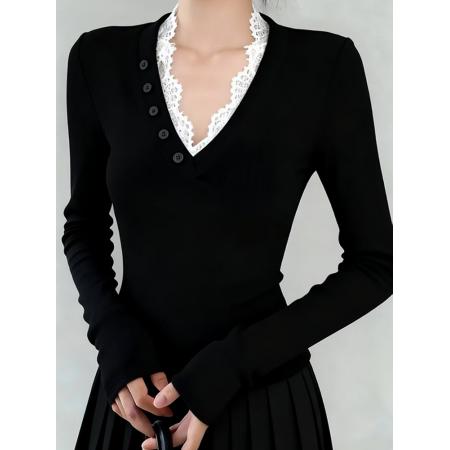 FA48176# 绝美巨好看的蕾丝拼接V领长袖T恤女早秋chic别致上衣 服裝批發女裝批發服飾貨源