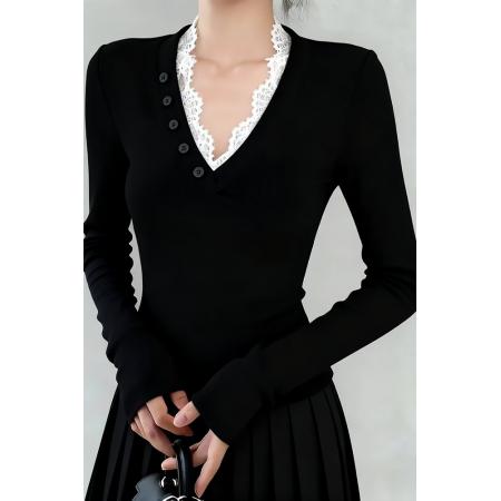 FA48176# 绝美巨好看的蕾丝拼接V领长袖T恤女早秋chic别致上衣 服裝批發女裝批發服飾貨源