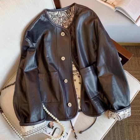 FA48178# 原版欧洲站高级感炸街机车皮衣外套女25春秋小个子复古夹克上衣潮 服裝批發女裝批發服飾貨源