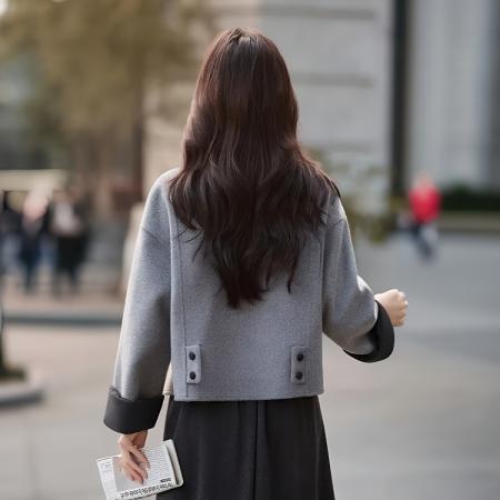 FA48180# 女式短款加厚毛呢外套秋冬新款高端翻领拼接毛呢宽松时尚外套 服裝批發女裝批發服飾貨源