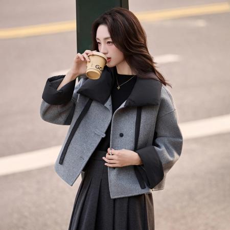 FA48180# 女式短款加厚毛呢外套秋冬新款高端翻领拼接毛呢宽松时尚外套 服裝批發女裝批發服飾貨源