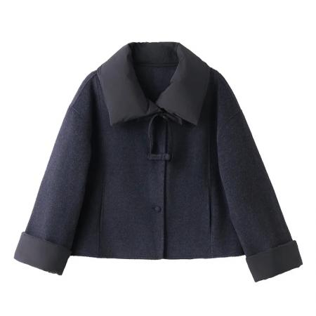 FA48180# 女式短款加厚毛呢外套秋冬新款高端翻领拼接毛呢宽松时尚外套 服裝批發女裝批發服飾貨源
