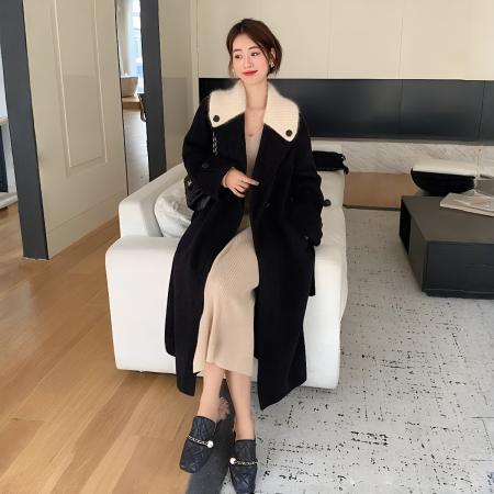 FA48181# 新款加厚大衣女冬装气质针织拼接小香风别致韩版长款毛呢外套 服裝批發女裝批發服飾貨源