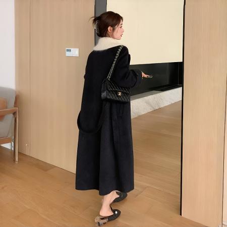 FA48181# 新款加厚大衣女冬装气质针织拼接小香风别致韩版长款毛呢外套 服裝批發女裝批發服飾貨源