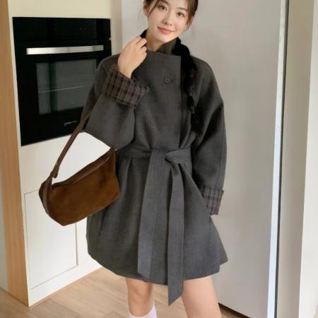 FA48182# 复古港风撞色格纹立领毛呢外套女冬季韩版系带收腰气质大衣潮 服裝批發女裝批發服飾貨源