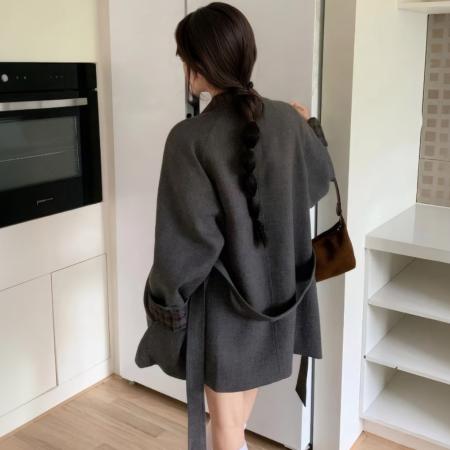 FA48182# 复古港风撞色格纹立领毛呢外套女冬季韩版系带收腰气质大衣潮 服裝批發女裝批發服飾貨源