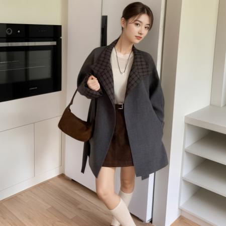 FA48182# 复古港风撞色格纹立领毛呢外套女冬季韩版系带收腰气质大衣潮 服裝批發女裝批發服飾貨源