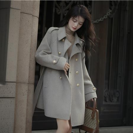 FA48183# 赫本风毛呢外套女秋冬新款韩版双排扣宽松加厚中长款呢子大衣 服裝批發女裝批發服飾貨源