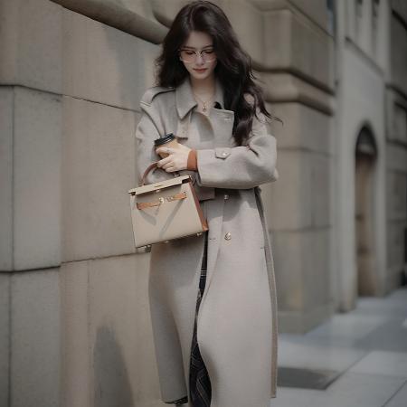 FA48183# 赫本风毛呢外套女秋冬新款韩版双排扣宽松加厚中长款呢子大衣 服裝批發女裝批發服飾貨源