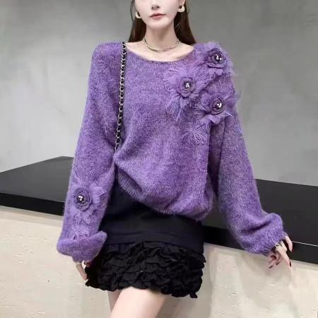 FA48186# 秋款时尚圆领立体花朵针织套头女宽松显瘦百搭长袖上衣 服裝批發女裝批發服飾貨源