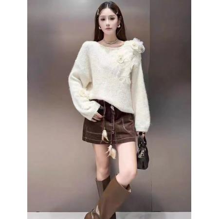 FA48186# 秋款时尚圆领立体花朵针织套头女宽松显瘦百搭长袖上衣 服裝批發女裝批發服飾貨源