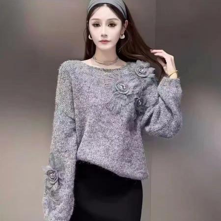 FA48186# 秋款时尚圆领立体花朵针织套头女宽松显瘦百搭长袖上衣 服裝批發女裝批發服飾貨源