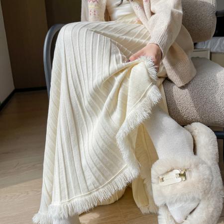 FA48187# 针织百褶半身裙女秋冬新款高腰遮胯显瘦大摆流苏a字伞裙长裙 服裝批發女裝批發服飾貨源