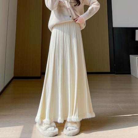 FA48187# 针织百褶半身裙女秋冬新款高腰遮胯显瘦大摆流苏a字伞裙长裙 服裝批發女裝批發服飾貨源