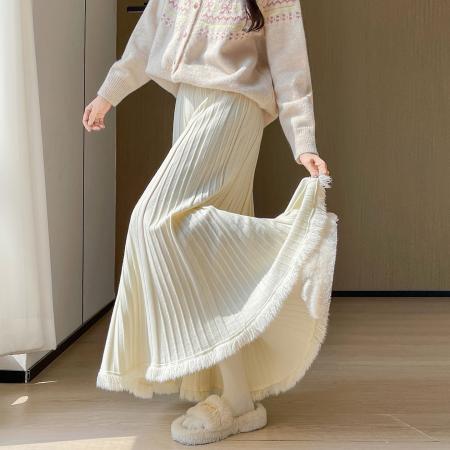 FA48187# 针织百褶半身裙女秋冬新款高腰遮胯显瘦大摆流苏a字伞裙长裙 服裝批發女裝批發服飾貨源