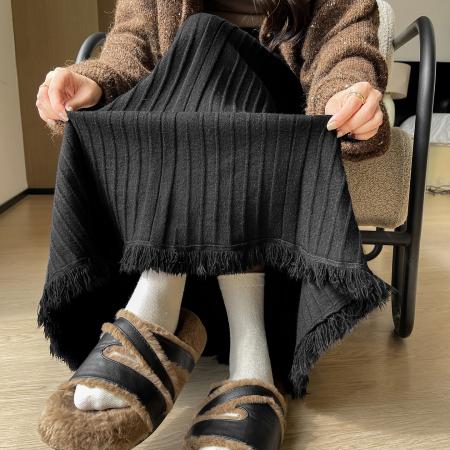 FA48187# 针织百褶半身裙女秋冬新款高腰遮胯显瘦大摆流苏a字伞裙长裙 服裝批發女裝批發服飾貨源