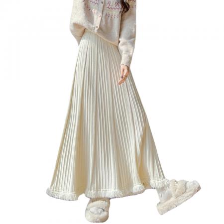 FA48187# 针织百褶半身裙女秋冬新款高腰遮胯显瘦大摆流苏a字伞裙长裙 服裝批發女裝批發服飾貨源