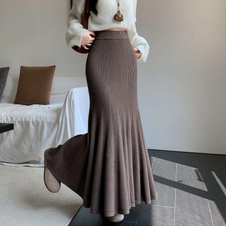 FA48188# 针织鱼尾裙半身裙秋冬女新款高腰修身气质冬裙垂坠感a字长裙 服裝批發女裝批發服飾貨源