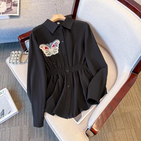 FA48190# 跨境专供东南亚爆款中国风蝴蝶重工刺绣长袖衬衫显瘦复古盘扣上衣 服裝批發女裝批發服飾貨源