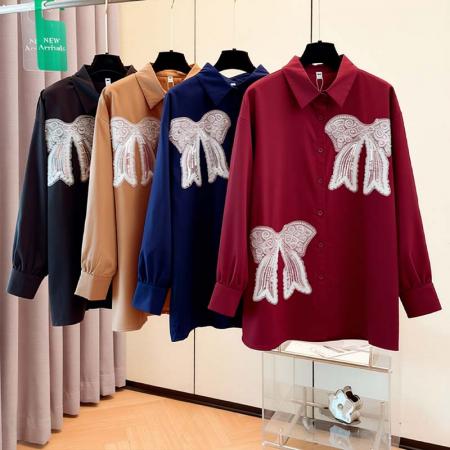 FA48193# 跨境专供秋装时尚宽松长袖衬衫文艺别致减龄设计感重工休闲上衣女 服裝批發女裝批發服飾貨源