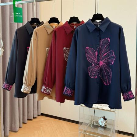 FA48195# 跨境专供春秋爆款刺绣翻领宽松显瘦休闲优雅气质高级感衬衫女上衣 服裝批發女裝批發服飾貨源
