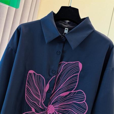 FA48195# 跨境专供春秋爆款刺绣翻领宽松显瘦休闲优雅气质高级感衬衫女上衣 服裝批發女裝批發服飾貨源