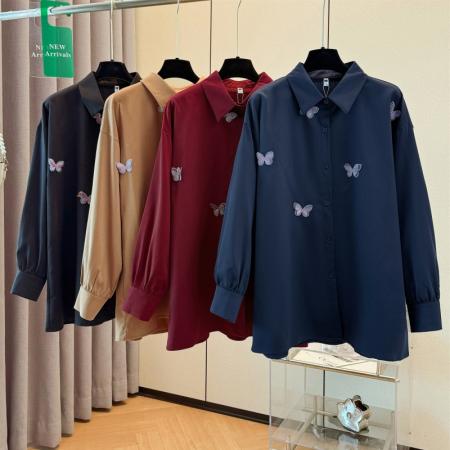 FA48197# 跨境专供早春秋新款法式洋气重工立体蝴蝶刺绣宽松长袖衬衫女 服裝批發女裝批發服飾貨源