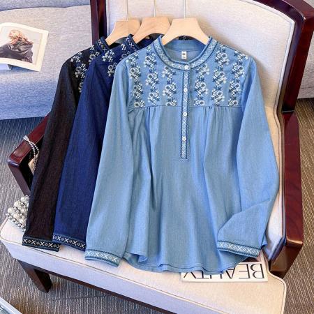 FA48199# 跨境专供春秋新款民族风长袖上衣女宽松显瘦复古设计感衬衫 服裝批發女裝批發服飾貨源