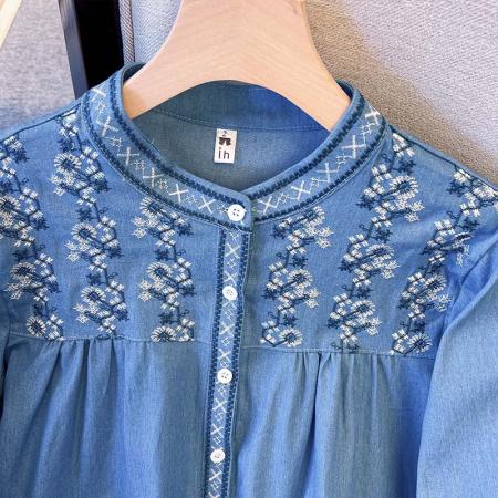 FA48199# 跨境专供春秋新款民族风长袖上衣女宽松显瘦复古设计感衬衫 服裝批發女裝批發服飾貨源