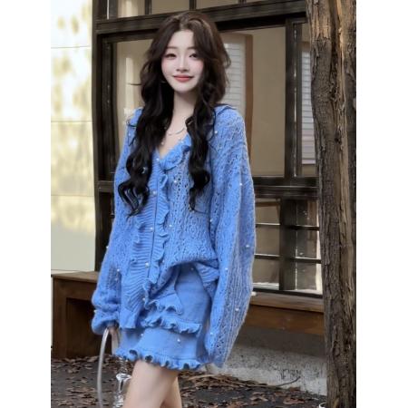 FA48200# 秋季新款法式温柔风蓝色珍珠装饰开衫+短裙两件套 服裝批發女裝批發服飾貨源