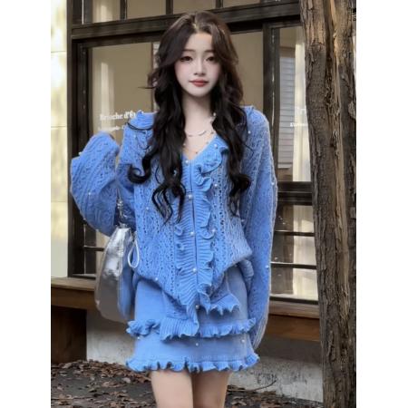 FA48200# 秋季新款法式温柔风蓝色珍珠装饰开衫+短裙两件套 服裝批發女裝批發服飾貨源