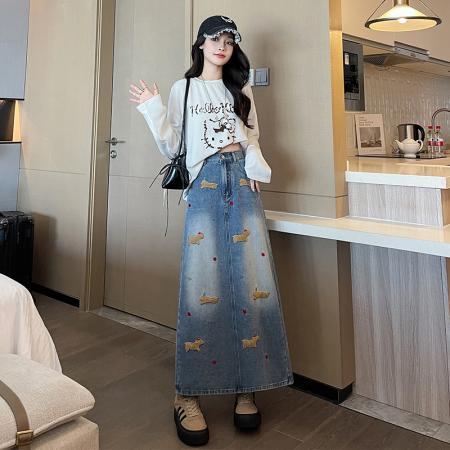 FA48201# 可爱小狗高腰半身裙休闲宽松遮肉显瘦百搭韩版大码女装230斤 服裝批發女裝批發服飾貨源