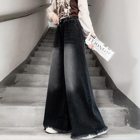 FA48202# 黑色毛边牛仔长裤宽松紧高腰直筒阔腿拖地显瘦大码女装230斤 服裝批發女裝批發服飾貨源