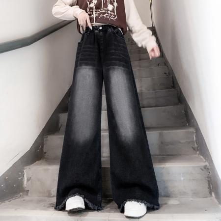 FA48202# 黑色毛边牛仔长裤宽松紧高腰直筒阔腿拖地显瘦大码女装230斤 服裝批發女裝批發服飾貨源