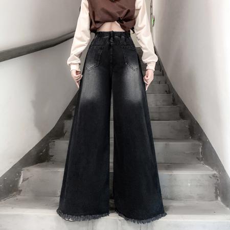 FA48202# 黑色毛边牛仔长裤宽松紧高腰直筒阔腿拖地显瘦大码女装230斤 服裝批發女裝批發服飾貨源