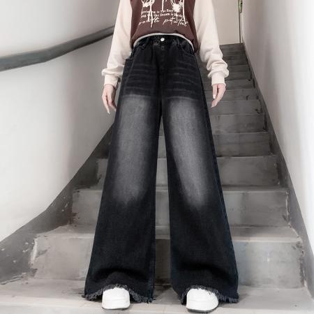 FA48202# 黑色毛边牛仔长裤宽松紧高腰直筒阔腿拖地显瘦大码女装230斤 服裝批發女裝批發服飾貨源