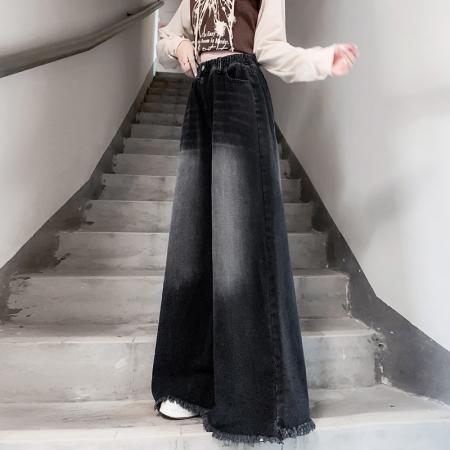 FA48202# 黑色毛边牛仔长裤宽松紧高腰直筒阔腿拖地显瘦大码女装230斤 服裝批發女裝批發服飾貨源