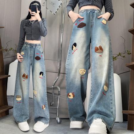 FA48203# 可爱牛仔长裤宽松紧高腰直筒阔腿裤显瘦裤加肥大码女装230斤 服裝批發女裝批發服飾貨源