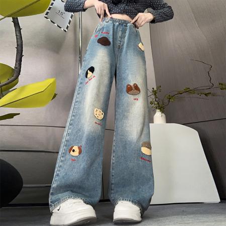 FA48203# 可爱牛仔长裤宽松紧高腰直筒阔腿裤显瘦裤加肥大码女装230斤 服裝批發女裝批發服飾貨源