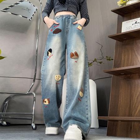 FA48203# 可爱牛仔长裤宽松紧高腰直筒阔腿裤显瘦裤加肥大码女装230斤 服裝批發女裝批發服飾貨源