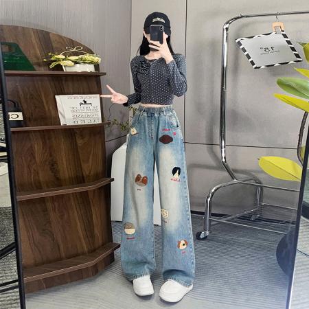 FA48203# 可爱牛仔长裤宽松紧高腰直筒阔腿裤显瘦裤加肥大码女装230斤 服裝批發女裝批發服飾貨源