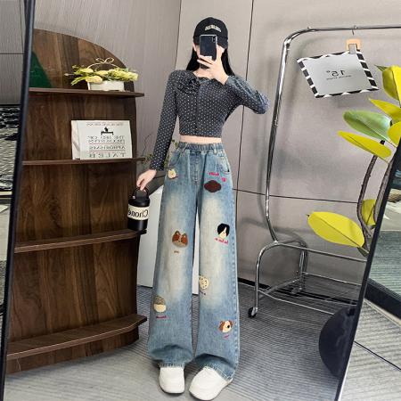 FA48203# 可爱牛仔长裤宽松紧高腰直筒阔腿裤显瘦裤加肥大码女装230斤 服裝批發女裝批發服飾貨源