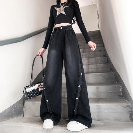 FA48204# 黑色牛仔长裤纽扣宽松紧高腰百搭显瘦大码女装胖mm230斤 服裝批發女裝批發服飾貨源