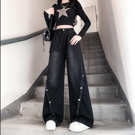 FA48204# 黑色牛仔长裤纽扣宽松紧高腰百搭显瘦大码女装胖mm230斤 服裝批發女裝批發服飾貨源