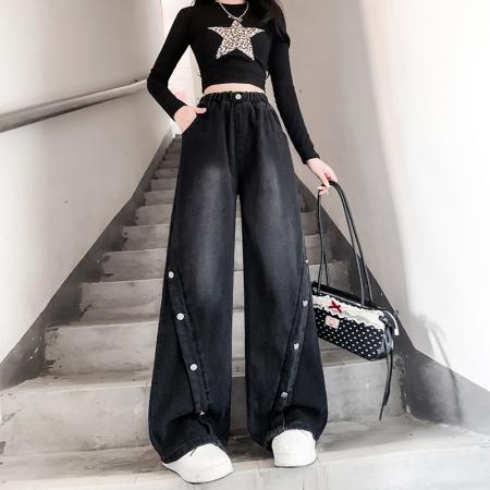 FA48204# 黑色牛仔长裤纽扣宽松紧高腰百搭显瘦大码女装胖mm230斤 服裝批發女裝批發服飾貨源