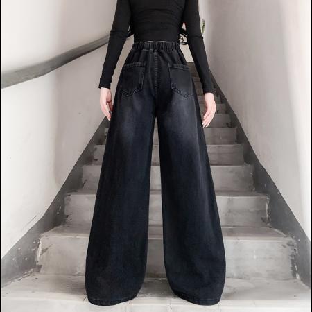 FA48204# 黑色牛仔长裤纽扣宽松紧高腰百搭显瘦大码女装胖mm230斤 服裝批發女裝批發服飾貨源