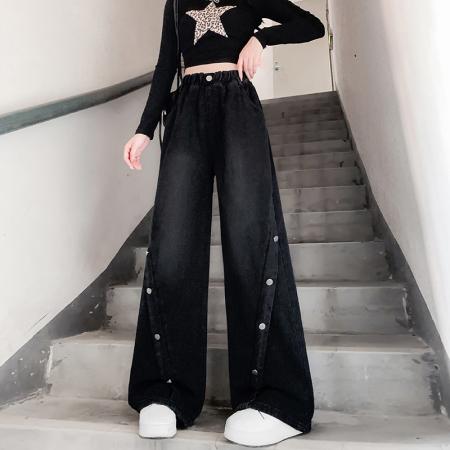 FA48204# 黑色牛仔长裤纽扣宽松紧高腰百搭显瘦大码女装胖mm230斤 服裝批發女裝批發服飾貨源