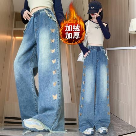 FA48205# 加绒牛仔长裤蝴蝶刺绣宽松紧高腰直筒显瘦加肥大码女装230斤 服裝批發女裝批發服飾貨源